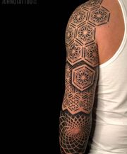 Geometry tattoo on arm and shoulder. Gometric dotwork tattoo ideas
