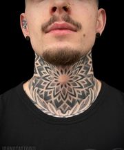 Geometric Throat tattoo mandala dotwork. Mandala tattoo artist sweden