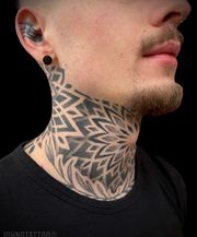 Symmetrical mandala tattoos on throat and neck. Dotwork stockholm 