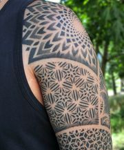Healed dotwork sleeve tattoo, Hexagon pattern. 